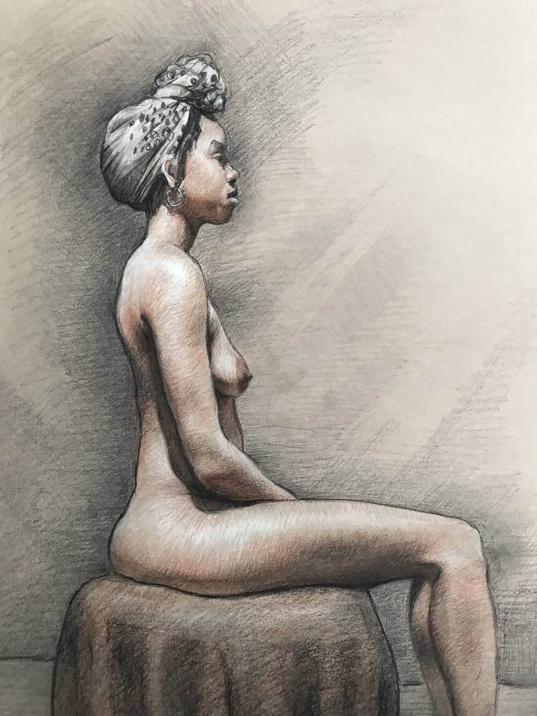 Portrait of a woman with a naked breast. Drawing by Tatjana