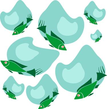 animal set of beautiful green fish which hold cute white waves thumb