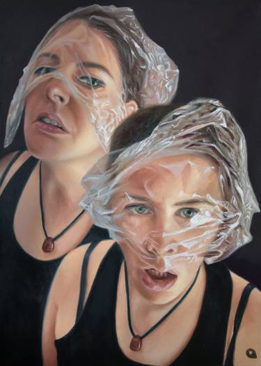 Breathing, an autoportrait, girl with plastic wrap thumb