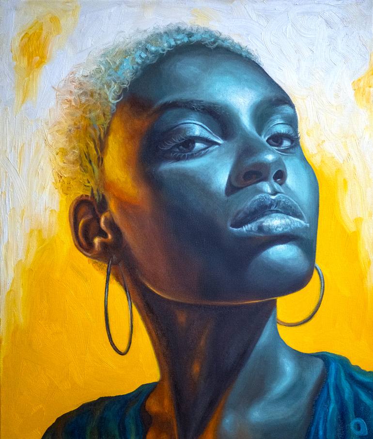 Original Women Painting by Adelacreative Adela Trifan | Realism Art on Canvas | Golden Light Portrait of a Black Woman