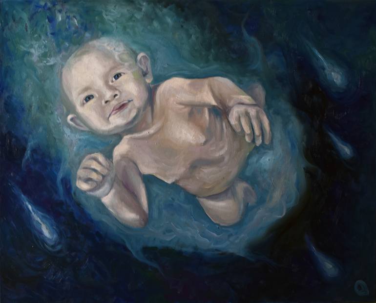 Seeds of life, newborn baby with blue Painting by Adelacreative Adela  Trifan