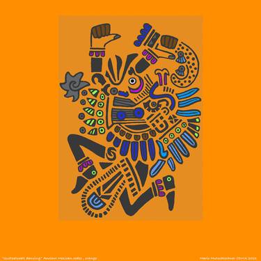 "Quetzalcoatl dancing" orange, ancient Mexican codex thumb