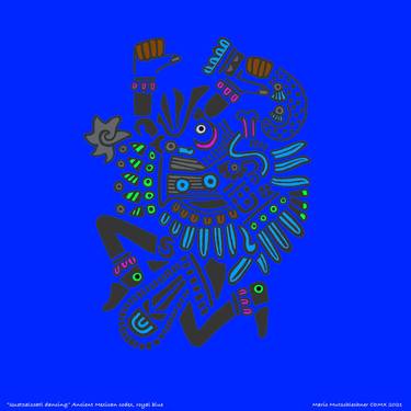 "Quetzalcoatl dancing." royal blue, Ancient Mexican codex thumb