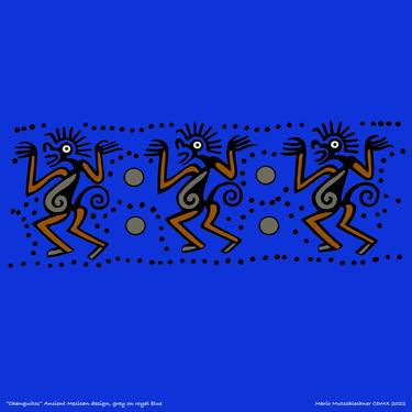 "Changuitos" grey on royal blue. Ancient Mexican design. thumb