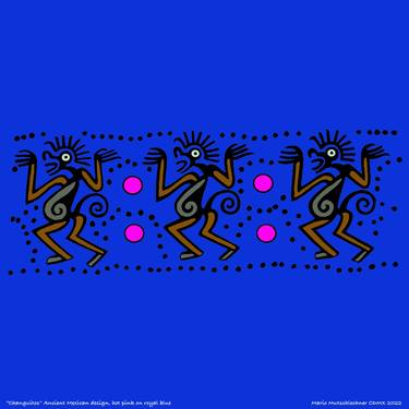 "Changuitos" hot pink on royal blue. Ancient Mexican design thumb