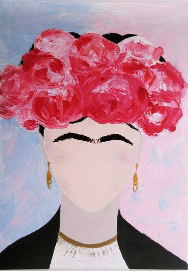 Frida - Abstract Original Acrylic Painting on Canvas Stretched - Wall Art Modern Large Picture - Women portrait - Flower Home Decor portrait thumb