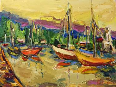 Original Expressionism Boat Painting by Liudmyla Hanushevych