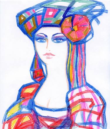 Fashionable Portrait of a Girl in a Headdress Drawing thumb