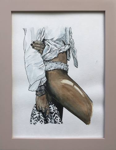 Original Watercolor Photorealism Painting Boho Style Fashion Girl Size 24x18 cm or 9x7 inch thumb