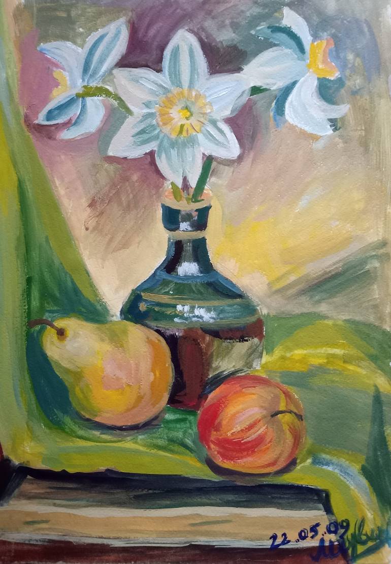 Fruit and white daffodils. Painting by MARIA MEDVEDEVA | Saatchi Art