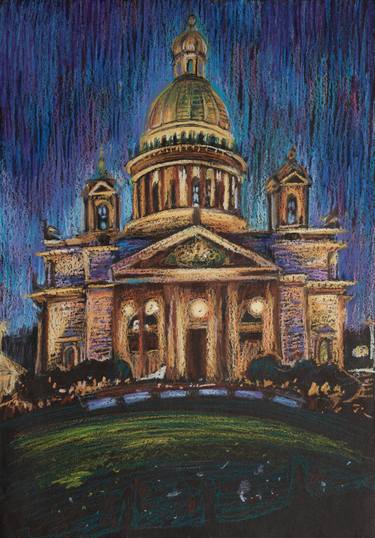St. Isaac's Cathedral at night. Graphics oil pastel on black paper. City landscape. thumb