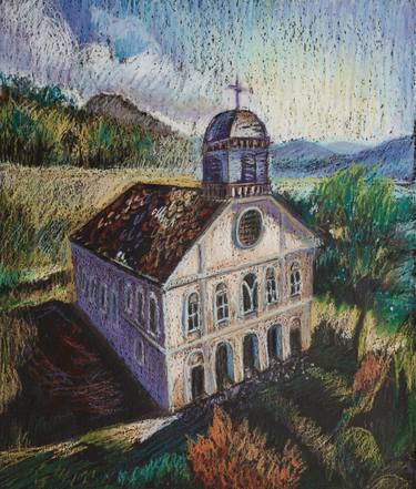Church of St. Panteleimon in Brodilovo. Graphics oil pastel on black paper. Rural landscape. thumb