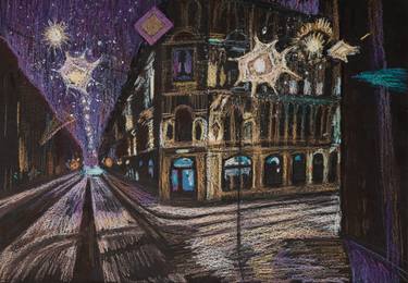 Winter evening in St. Petersburg. City landscape. Graphics oil pastel on black paper. thumb
