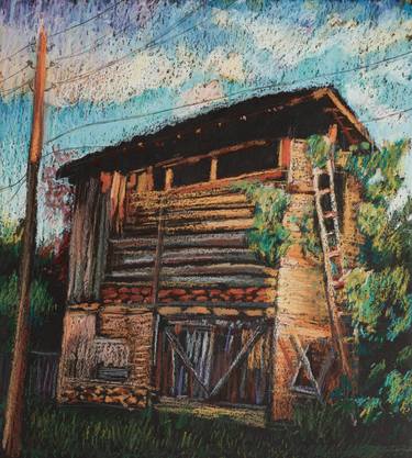Old barn at sunset in Rakitovo. Graphics oil pastel on black paper. Rural landscape. thumb