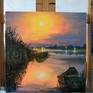 Picture "Pink Evening", oil, canvas 15.7x15.7 inches, 2019, without baguette, sides painted. It radiates calmness and unity with nature despite bright colors. One would like to sit in the evening on a boat,  fishing in calm water, admire the sunset, the reflection on the water, listen to the rustling of reeds.

The painting is sold without a decorative frame. If you desire you can order the frame matching your interior in your own local frame store.
