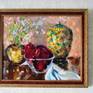 Still life "Ruby apples" in a frame 1,6 inches, oil, canvas 17.7x19.7 inches, 2015. Covered with dammar varnish, which simplifies the painting care. The ripe, mouthwatering, crispy apples in the glass vase leave no one indifferent, . Vases in the background add warmth and comfort. Decorate your interior. And it is important to remember that red creates a feeling of warmth. Coffee seems hotter in a red cup than in a green one. Here is such an interesting fact.