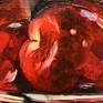 Still life "Ruby apples" in a frame 1,6 inches, oil, canvas 17.7x19.7 inches, 2015. Covered with dammar varnish, which simplifies the painting care. The ripe, mouthwatering, crispy apples in the glass vase leave no one indifferent, . Vases in the background add warmth and comfort. Decorate your interior. And it is important to remember that red creates a feeling of warmth. Coffee seems hotter in a red cup than in a green one. Here is such an interesting fact.