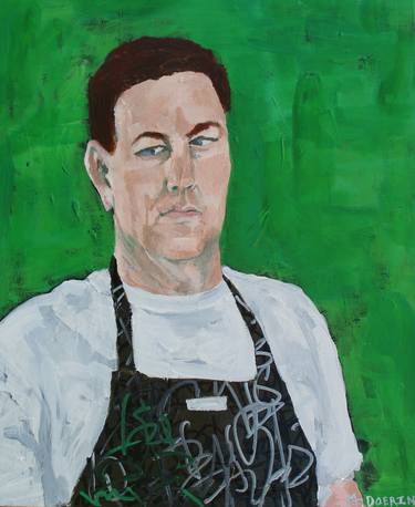 Self-Portrait with White T, Apron, and Green Background thumb
