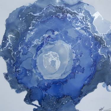 BLUE SAPPHIRE - ink painting on plastic original gift, blue shimmering sapphire, abstraction, interior painting thumb