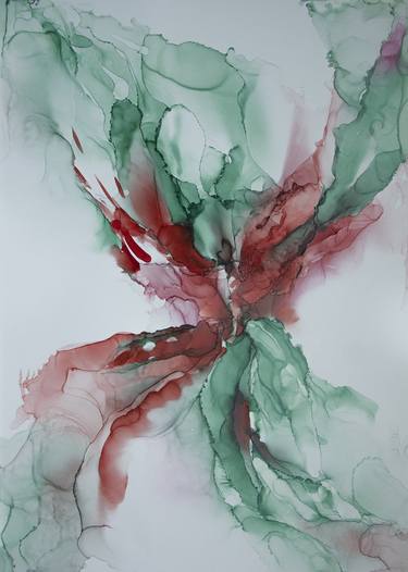 red and green flower.ink painting on plastic is an original gift, red and green abstraction, interior painting.The drawing is drawn in ink, on a plastic picture thumb