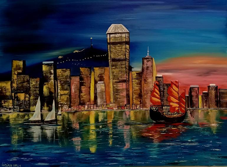 Original Architecture Painting by Irina Ibragimova | Abstract Art on Canvas | Hong Kong: Concrete and Sails