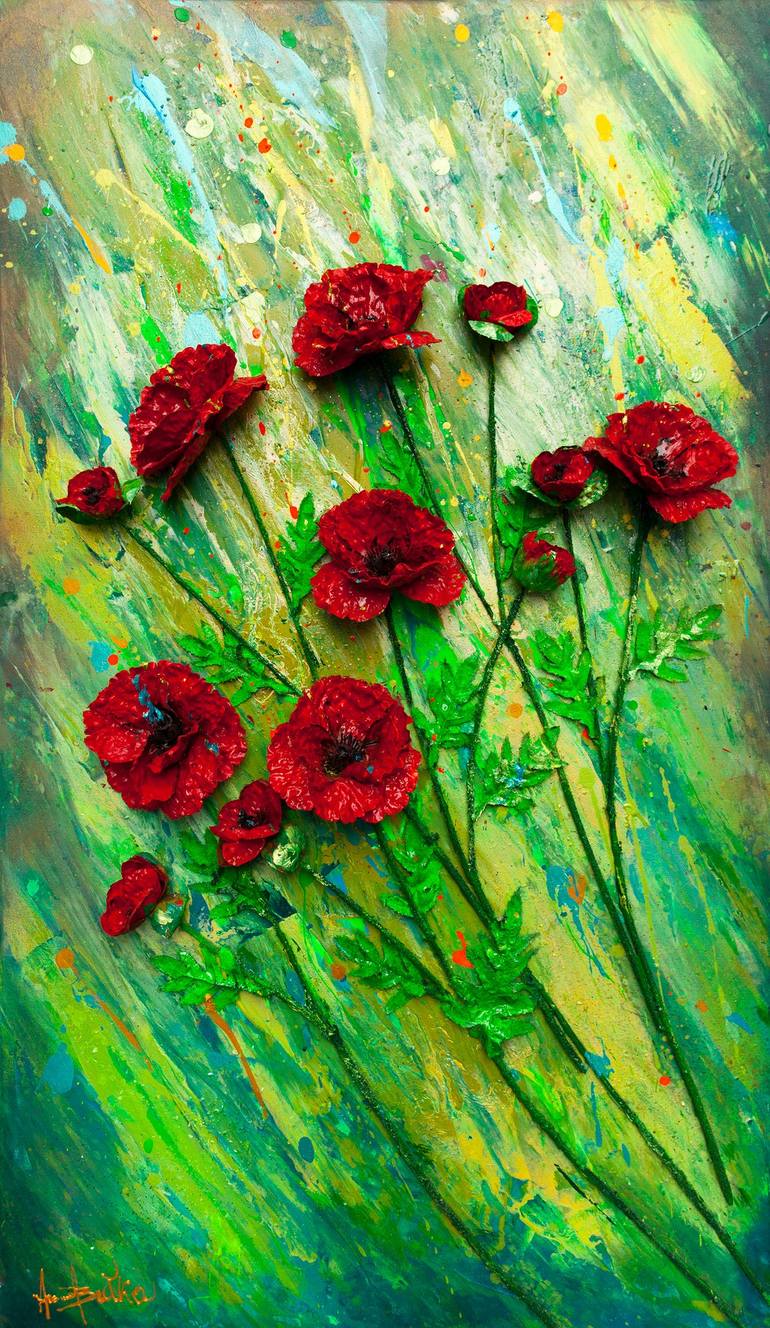 Red Poppies -3D flower wall art painting Mixed Media by Anna