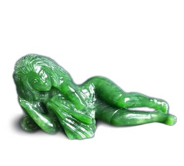 Green Nephrite Jade Stone Figurine Girl Lying Sideways and Thinking Sculpture Statue thumb