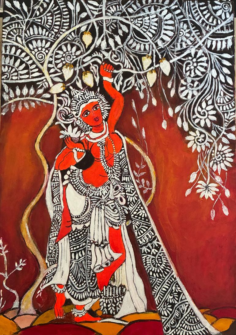 Original Classical Mythology Painting by Anita Sahu | Conceptual Art on Canvas | Ambika: Guardian of the Sacred Mango Grove