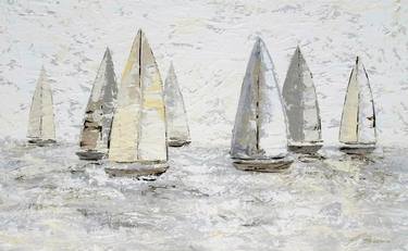 SIMPLY SAILING. Sailboats Regatta Beige Seascape Coastal Painting thumb