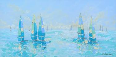 FREEDOM. Sailboats Regatta Modern Seascape Coastal Painting thumb
