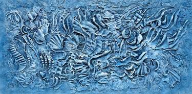 DEEP OCEAN. Large Abstract Navy Blue White 3D Textured Art thumb