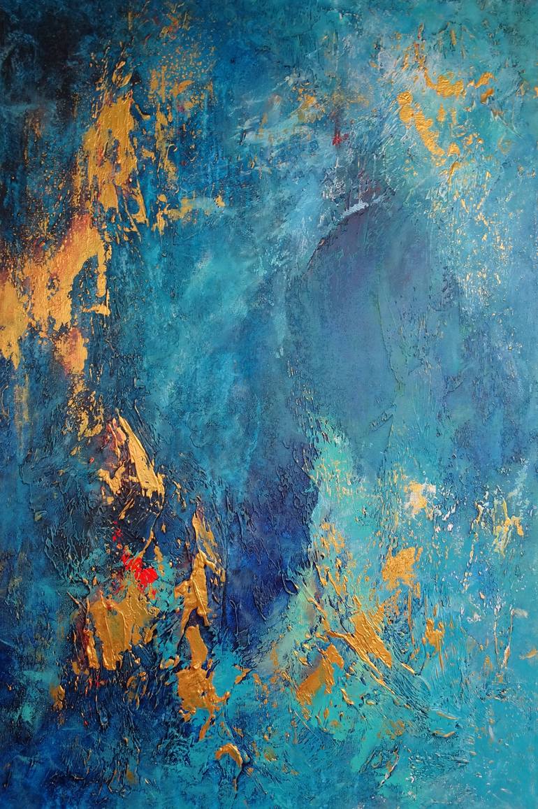 Large modern abstract acrylic art. Abstract blue and gold painting