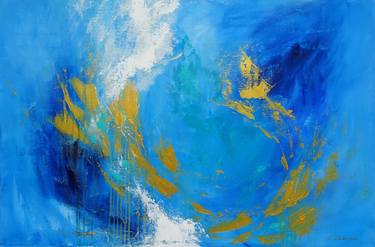 Abstract ocean waves seascape painting #810-54. Dark blue, gold, teal, white, waves, ocean, sea. thumb