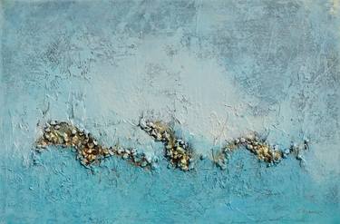 Blue and Gold Abstract Textured Seascape Painting. Modern  Art thumb