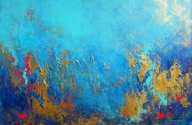 Large Abstract Landscape Original Painting on Canvas. Blue & Gold Abstraction. Modern Textured Art thumb