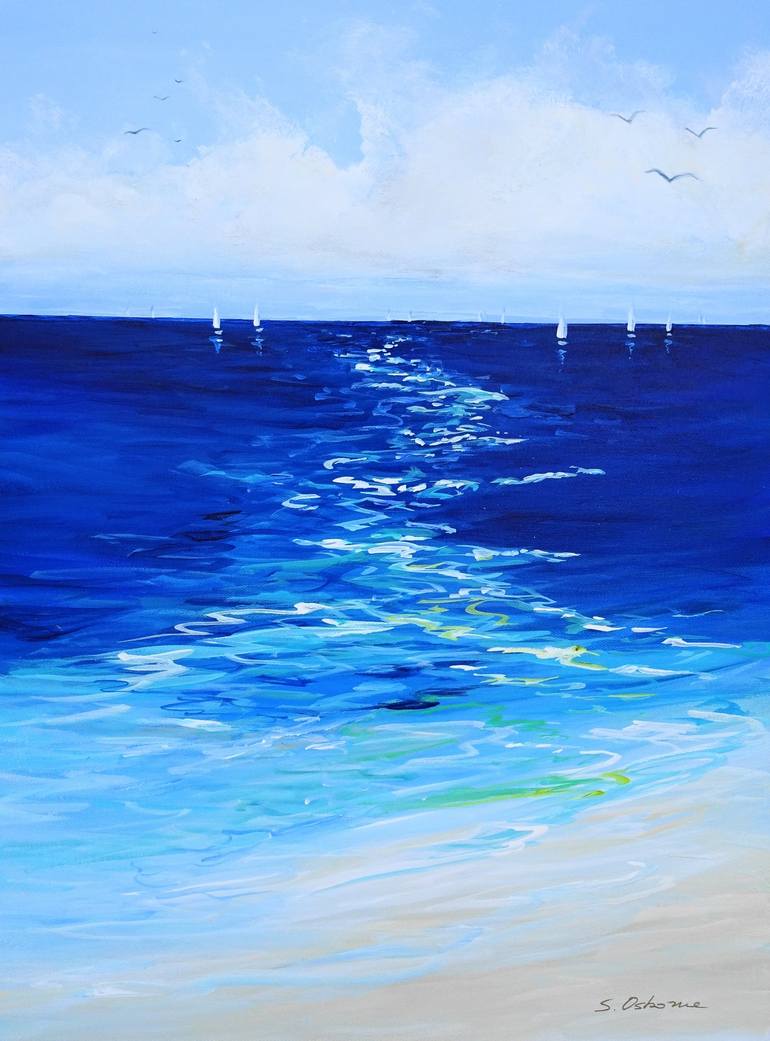 Sailing Boats Seascape Painting. Beach, Ocean, Sea Waves, Sky with ...