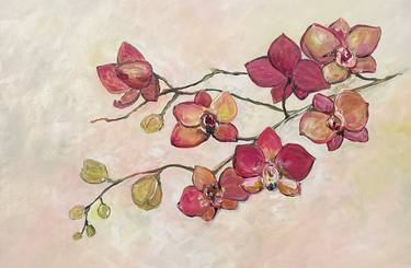 Pink Orchid Flowers Painting. Abstract Floral Garden Botanical Textured Beige Painting Modern Impressionism thumb