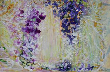 Pink Orchid White Purple Flowers Abstract Painting. Floral Garden Botanical Textured Beige Painting thumb