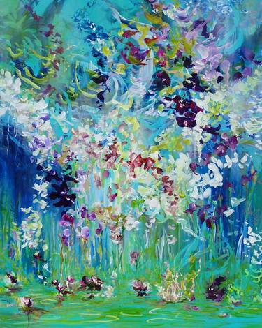 Abstract Landscape Large Floral Painting. Tropical Flowers Blue Teal Green Painting on Canvas. Modern Impressionism Art Pink Orchid White Purple Botanical Garden thumb