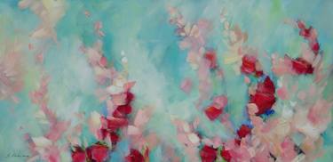 3D Textured Painting Large Flowers Teal Abstract Painting Coral White Green Red Floral Landscape. Tropical Botanical Garden Painting on Canvas. Modern Impressionism thumb