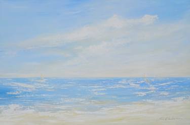 FREEDOM. Abstract Ocean Light Blue Acrylic Painting on Canvas, Contemporary Seascape, Sailing Boats Coastal Art thumb