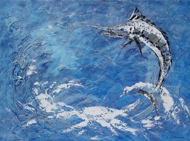 BIG SURPRISE. Large Abstract Fish Painting of Blue Marlin
