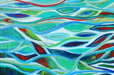 SEA GLASS. Teal, Blue, Aqua Contemporary Abstract Seascape, Ocean Waves Painting. Modern Textured Art thumb