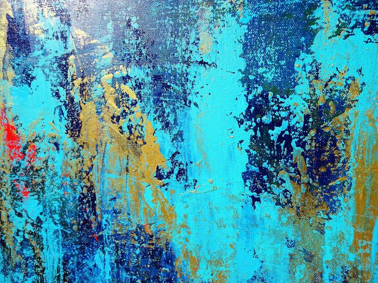 Blue Watercolor Painting Acrylic Ink Flow, Gold Texture Background