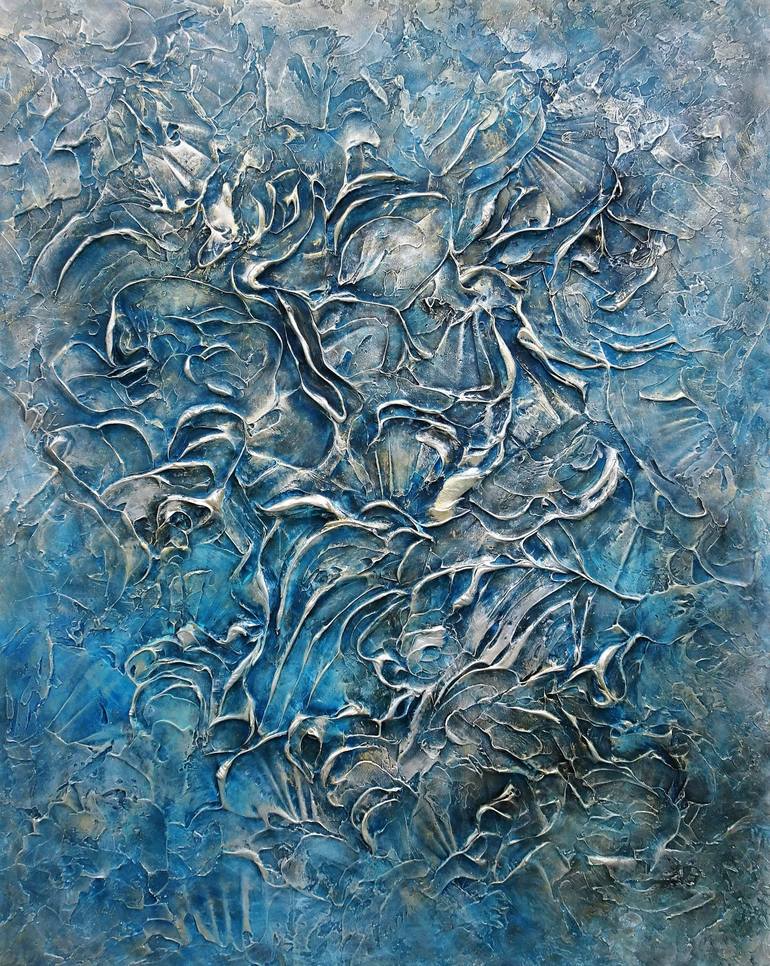 SEA SHELLS IN BLUE. Extra Large Abstract Textured Painting - Print