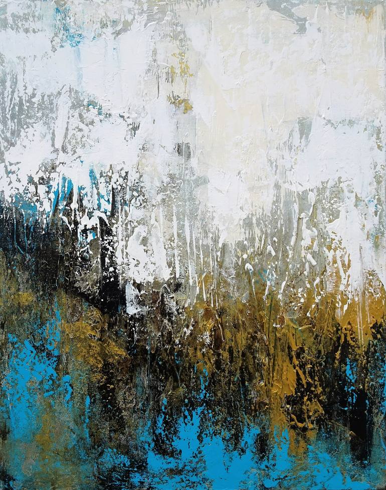FREE FLOW. Teal, Blue, Gold, Beige Contemporary Abstract Painting with ...