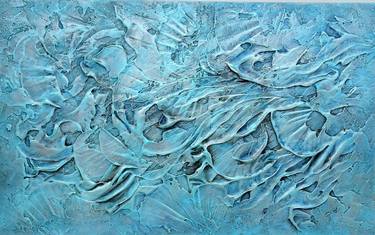 CORAL REEF II. Large Abstract Blue Silver Textured Painting 3D thumb