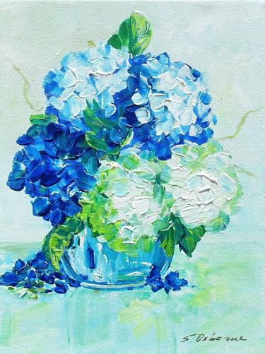 White and Blue Hydrangea Small Painting on Canvas thumb