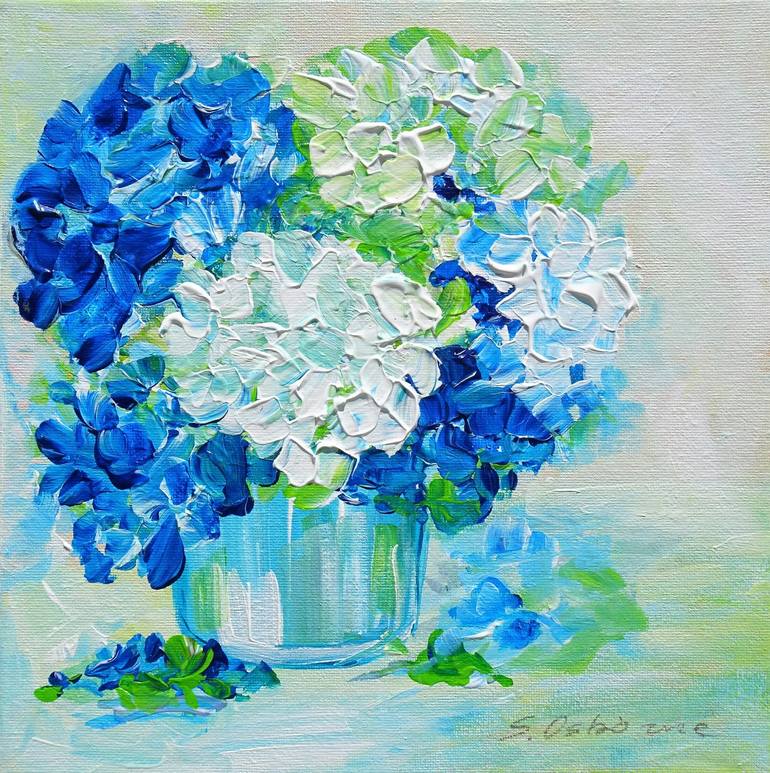 White And Blue Hydrangea Small Painting On Canvas Painting By Sveta 