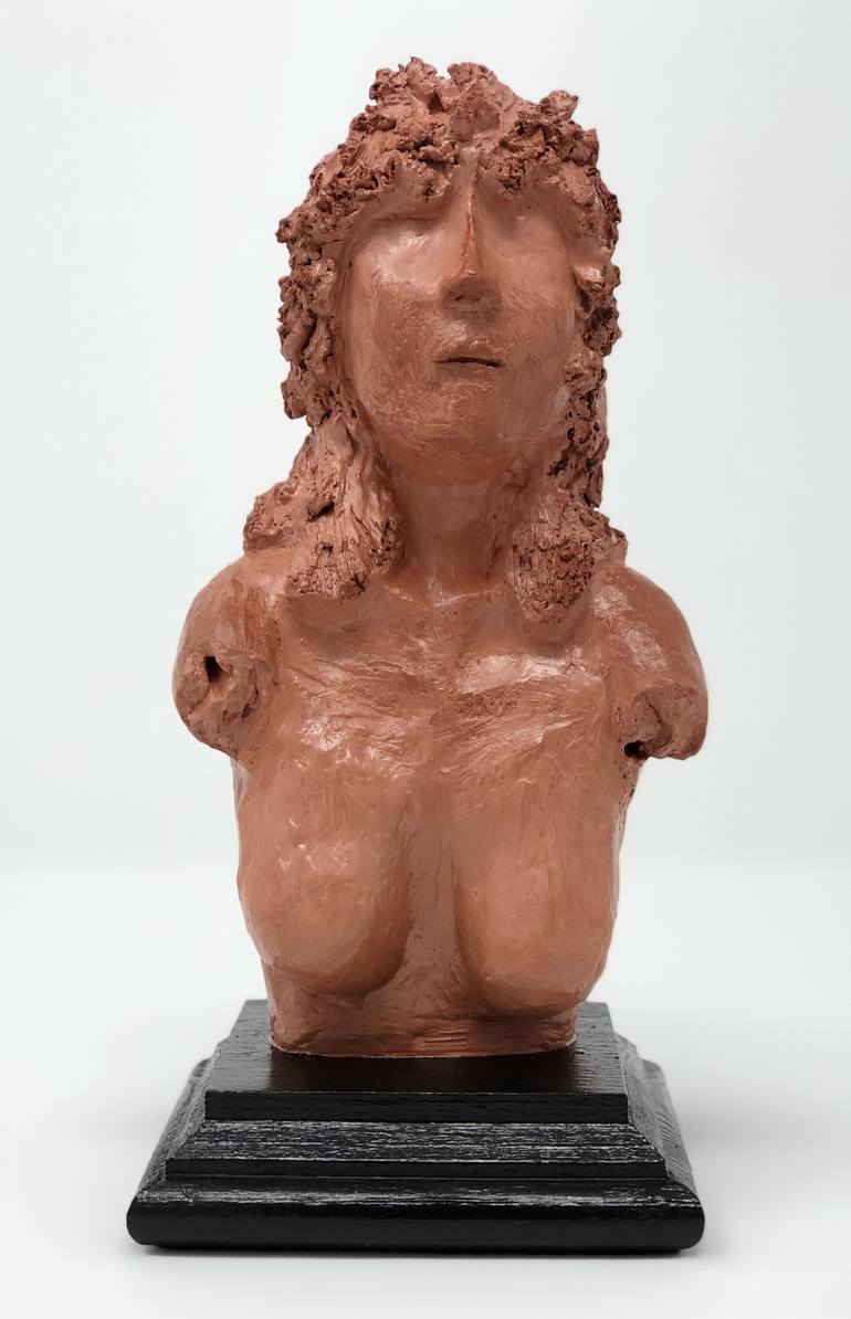 Female Bust, hand formed clay sculpture on wood - Print